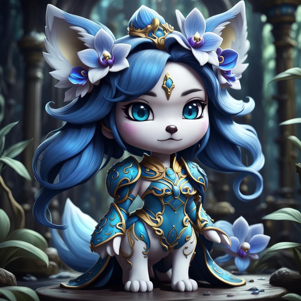 Chibi Kitsune Princess with Blue Orchid Details