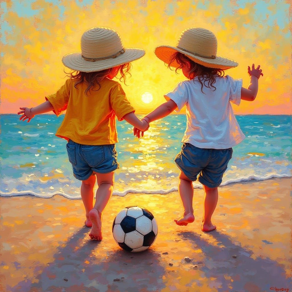 Children Play Soccer on Beach as Van Gogh Painting