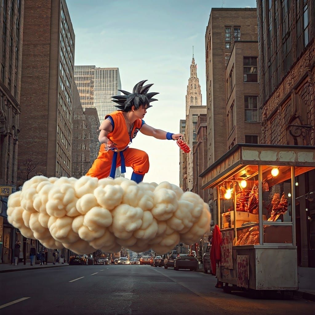 Cosplayer Goku Soars Above City Streets, Savoring Street Foo...