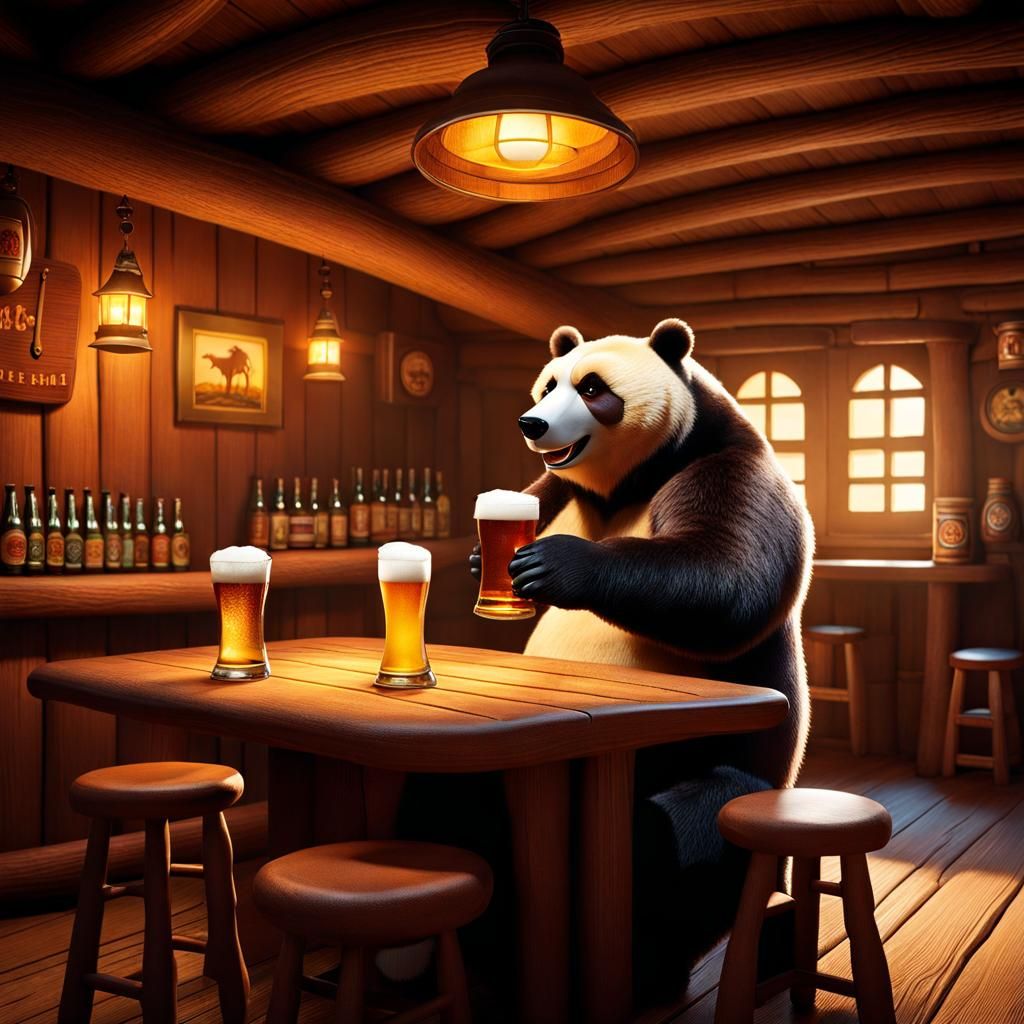 Anthropomorphic Bear Cheers in Cozy Tavern, 3D Render