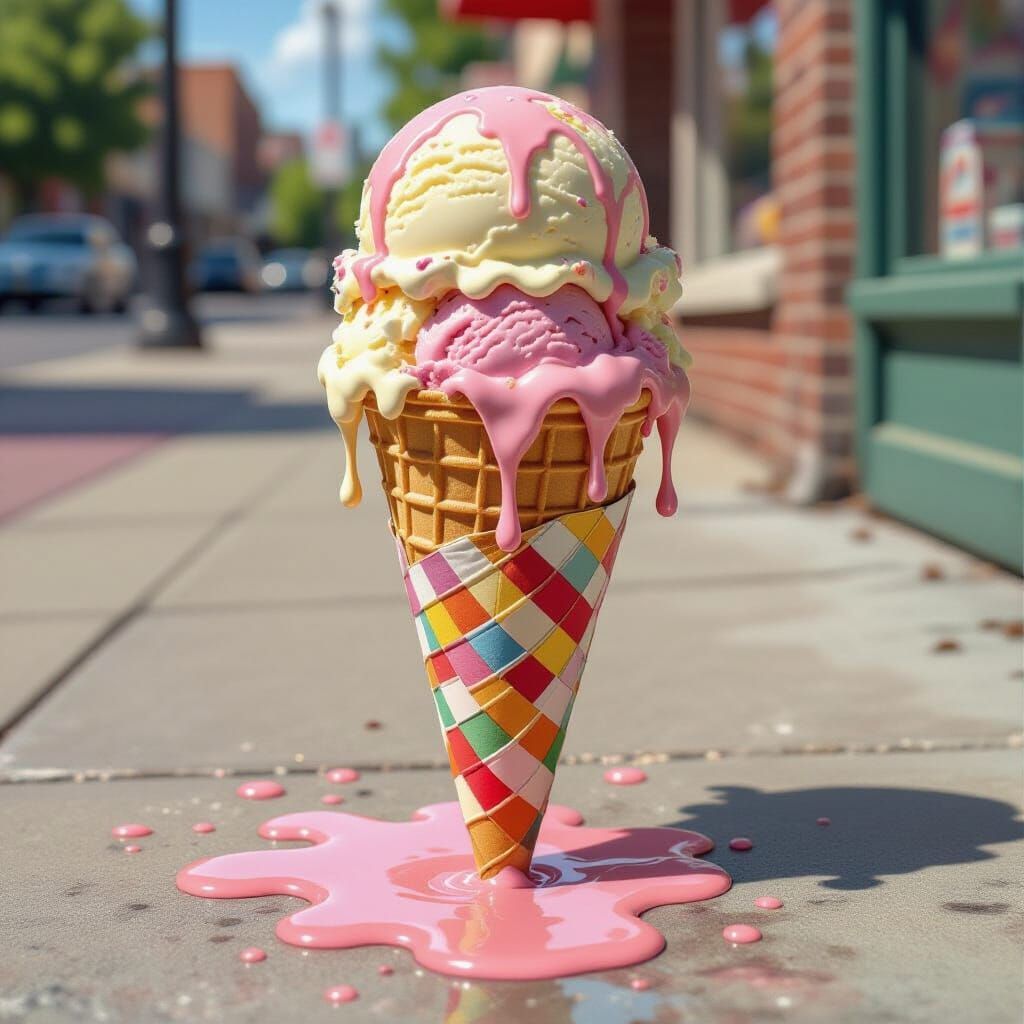 Hyperrealistic Melting Ice Cream Cone on Sunny Sidewalk