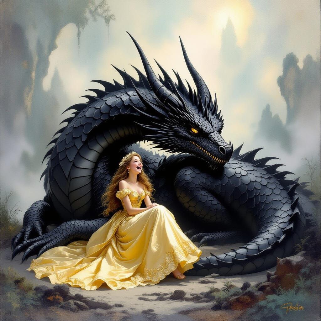 Dragon and Princess in Mystical Atmosphere