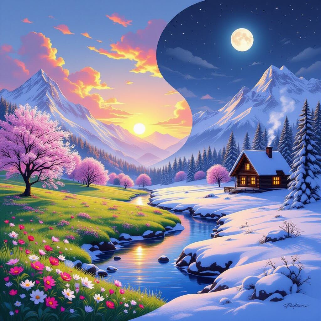 Yin-Yang Landscape: Spring Meets Winter in Detailed 3D Art