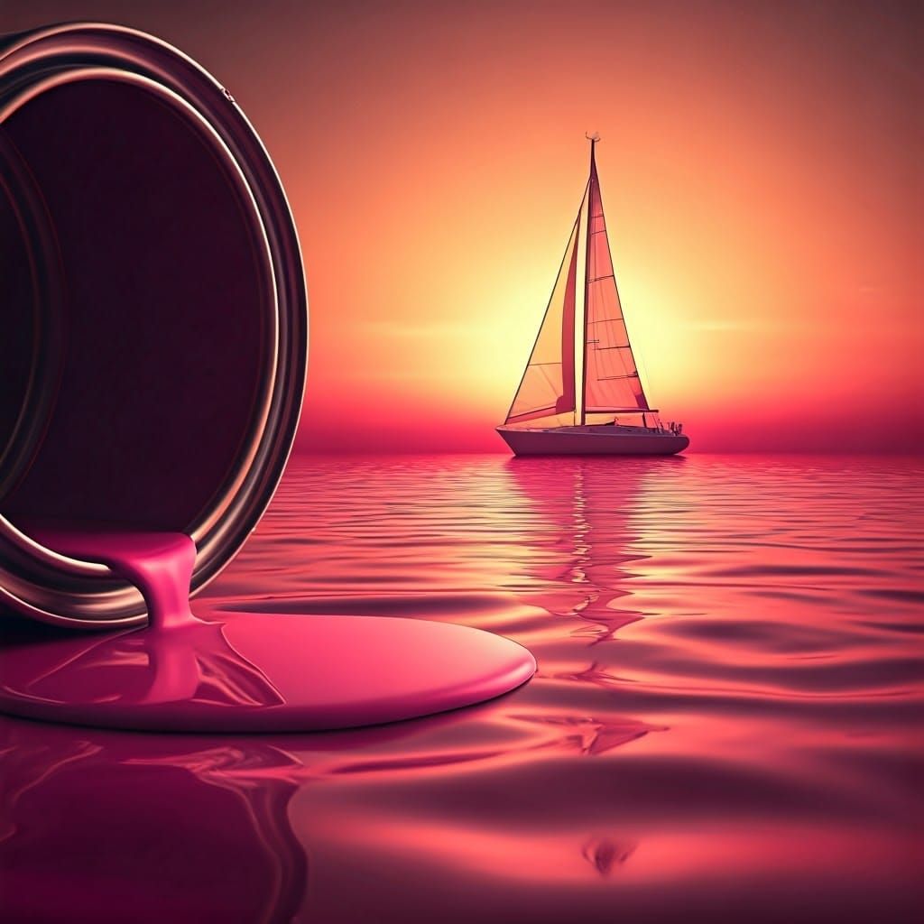 Vibrant Pink Sailboat Glides Across Sunset Lake in Abstract...