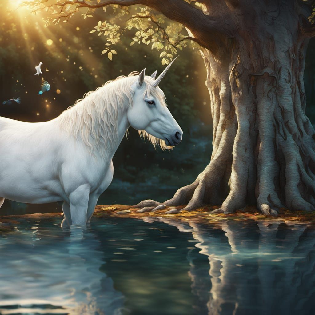 White Unicorn at the Tree of Life in Magical Realism