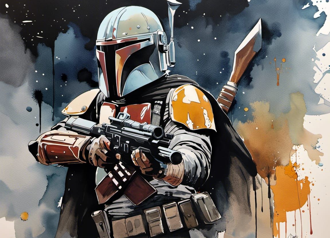 Watercolor Mandalorian Illustration with Ink and Paint