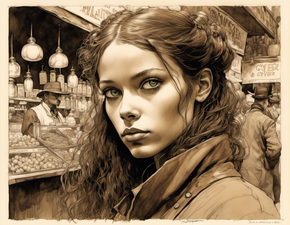 Cyberpunk Portrait with Green Eyes in Sepia Tones