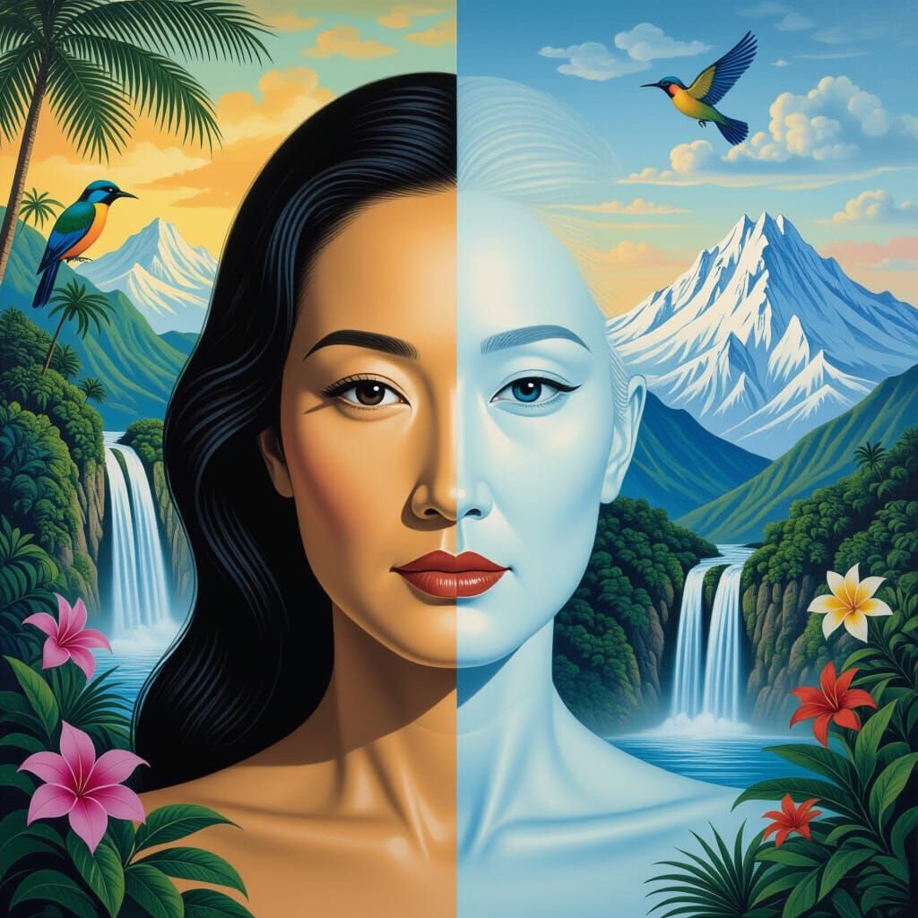 Surreal Split-Face Portrait in Tropical and Arctic Landscape...