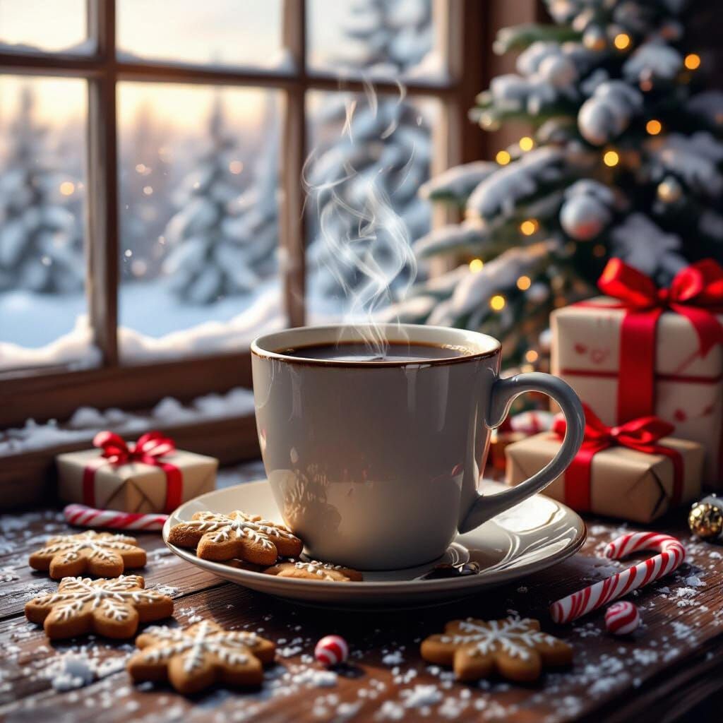 Cozy Christmas Coffee Mug Scene With Snowing Window View