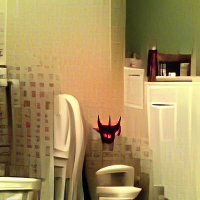 Cartoon Demon Using Toilet in Bathroom