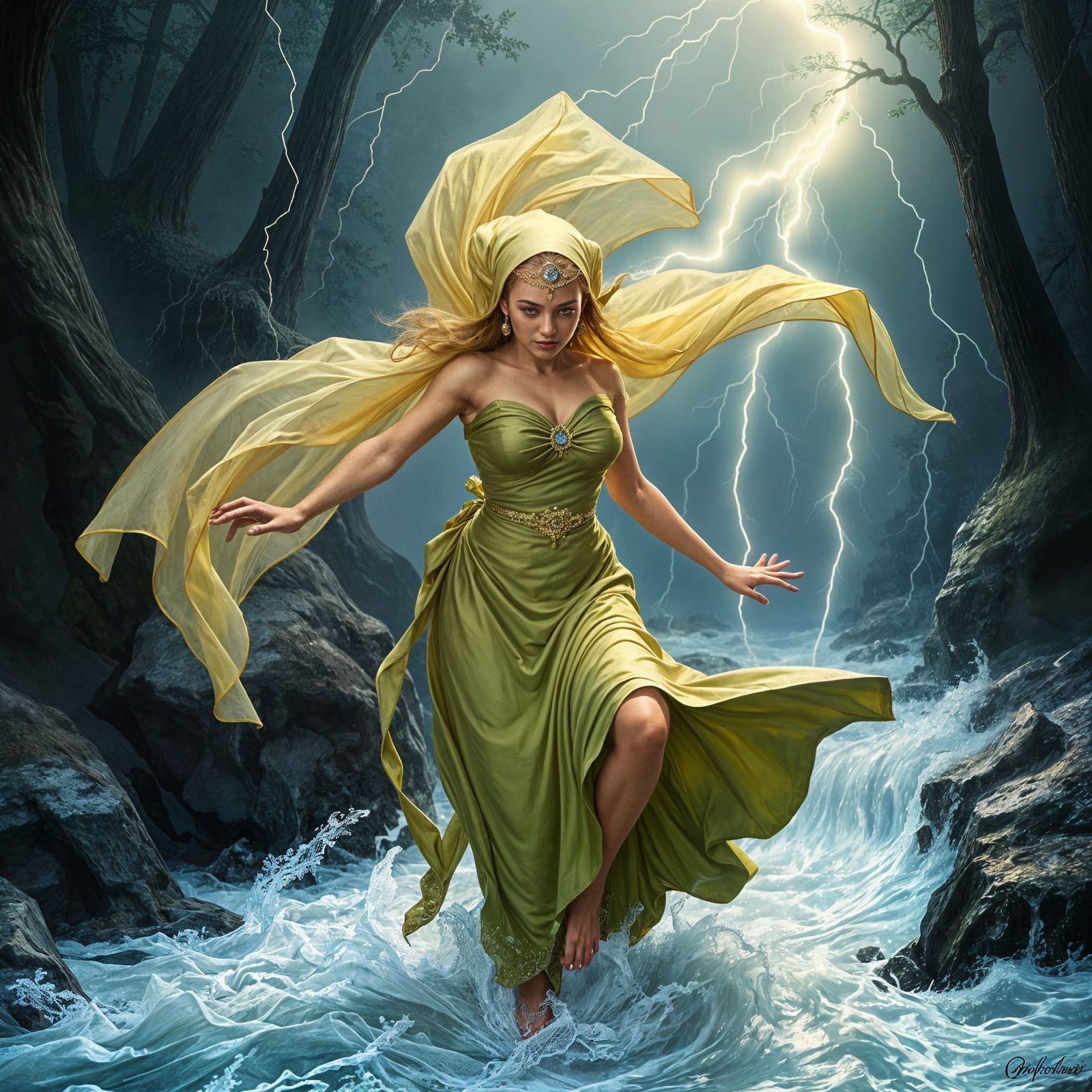 Elven Princess Crosses Raging Torrent in Storm