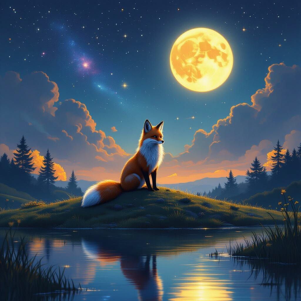 Galactic Fox on Hill Reflecting Moonlit Lake