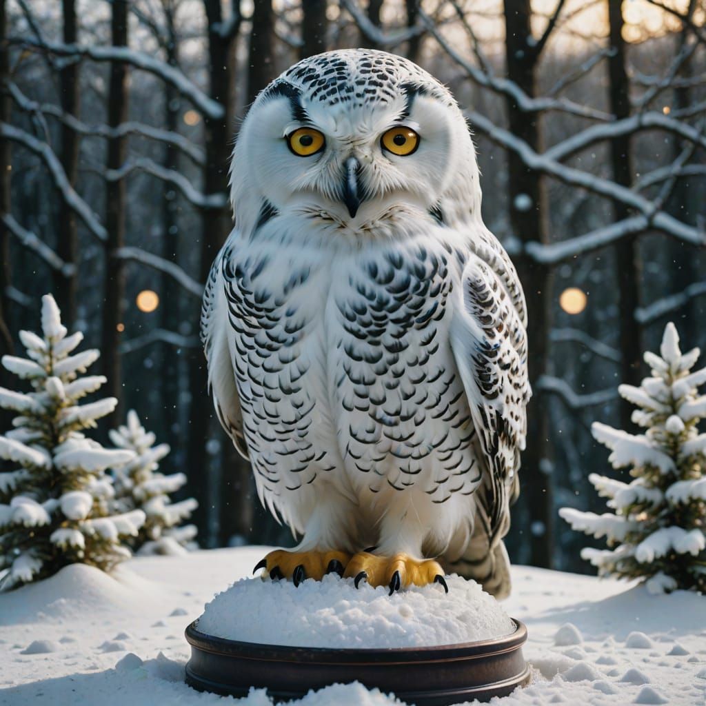 Snowy Owl on Snow Globe, Cinematic Film Still