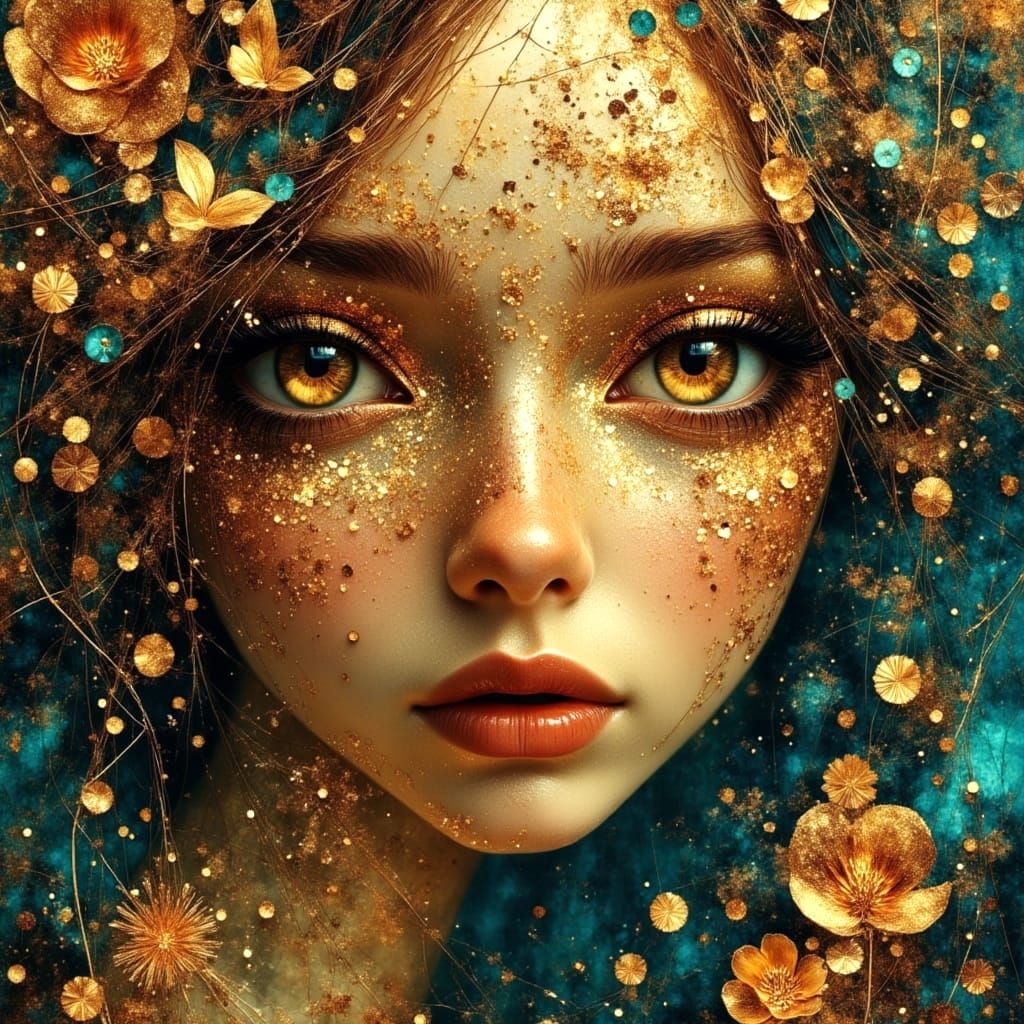 Luminous Surreal Portrait with Mosaic and Metallic Accents