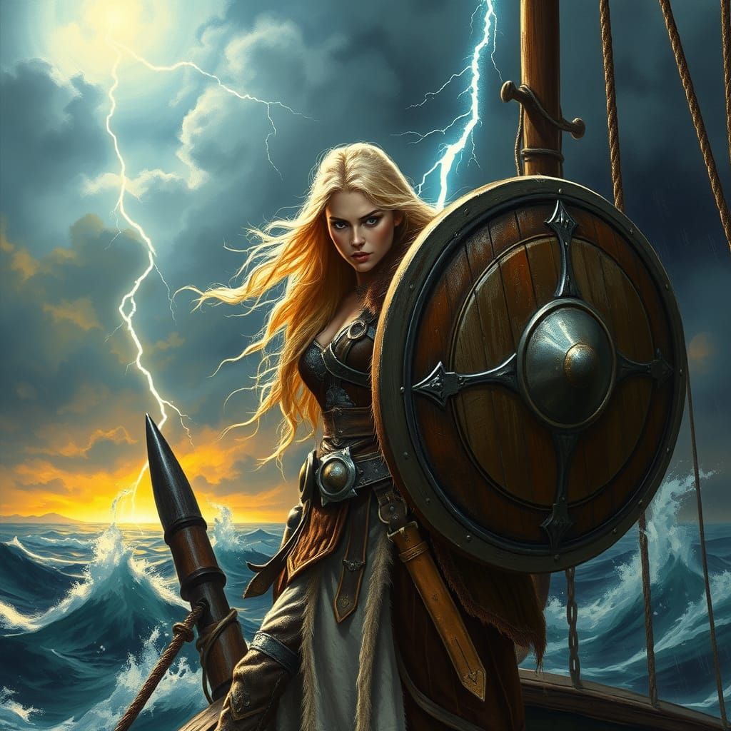Viking Shieldmaiden on Stormy Sea, Frazetta Style