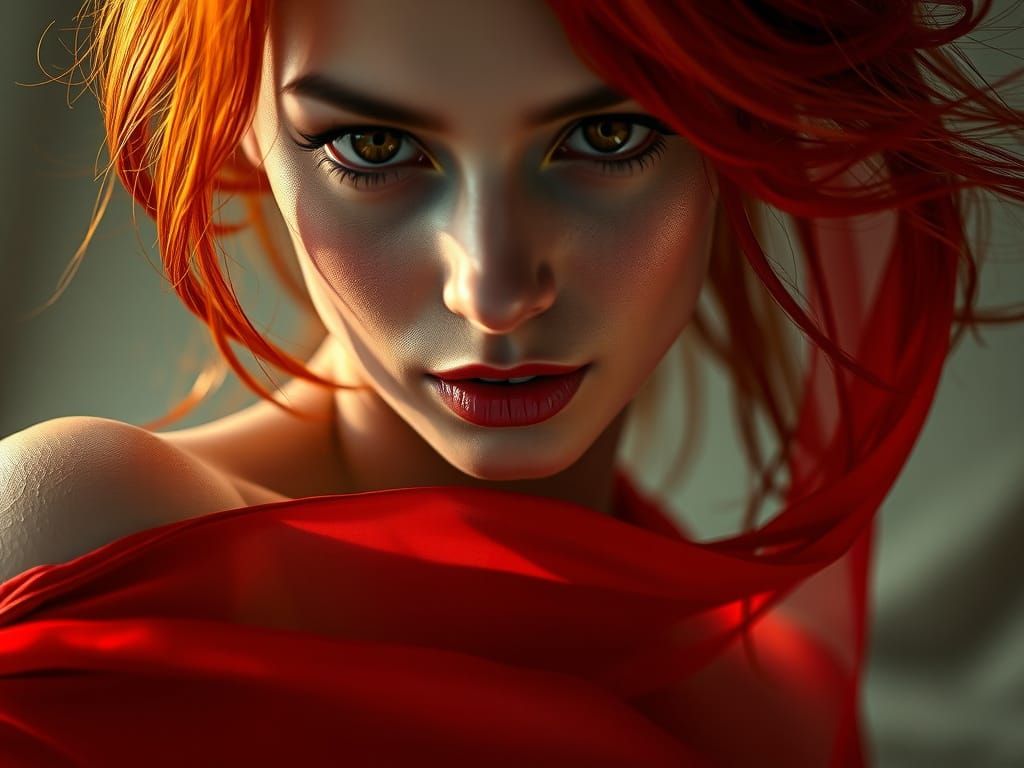 Fire Queen Draped in Translucent Red Silks