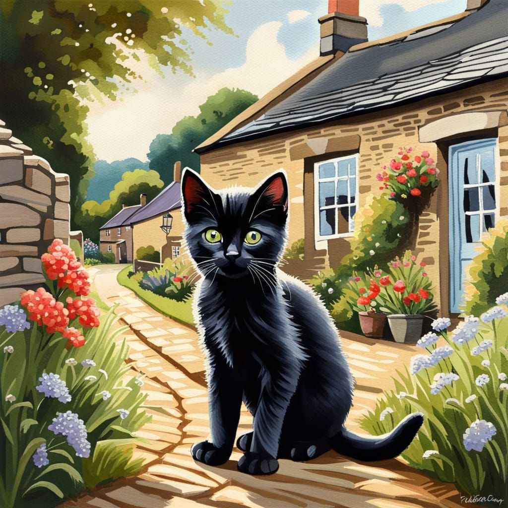 Black Kitten in Quaint English Countryside Street