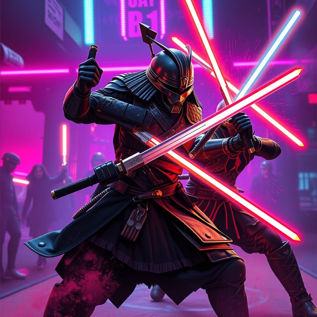Katana Warrior Versus Lightsaber Duel in Neon Cityscape