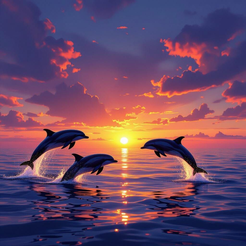 Dolphins Guide Sunset Walk Over Golden Ocean