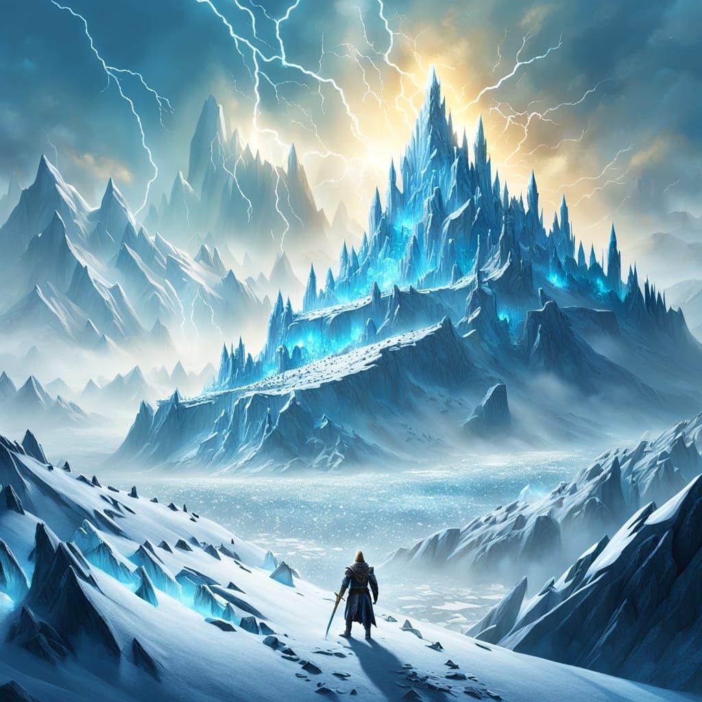 Knight on Hill Near Ice Mountain in Oil Painting Style