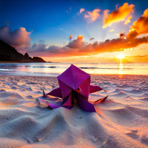 Origami Octopus Sculpture on a Sunny Beach