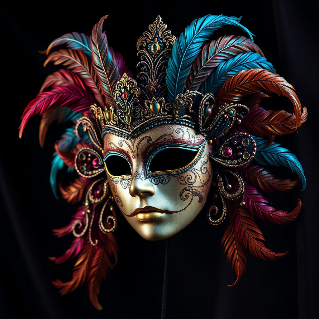 Majestic Venetian Mask with Feathers, Matte Painting Style