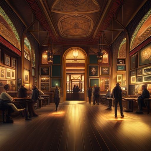 Vintage Cafe Interior at Night in Oil Painting Style