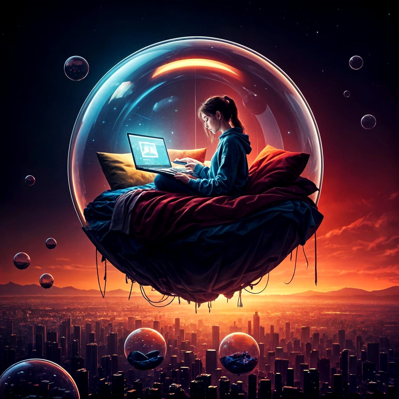 Girl in a Floating Bubble Studies Above Futuristic Cityscape