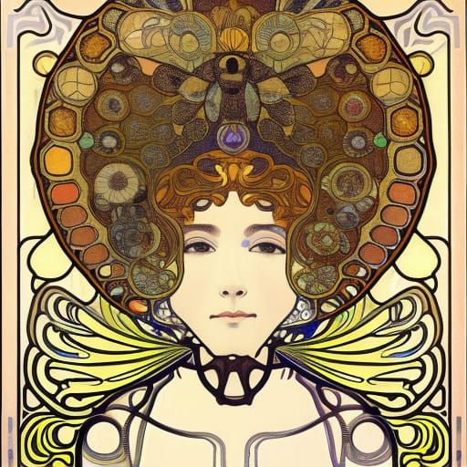 Glitchcore honey bee, neurographic art by Alphonse Mucha