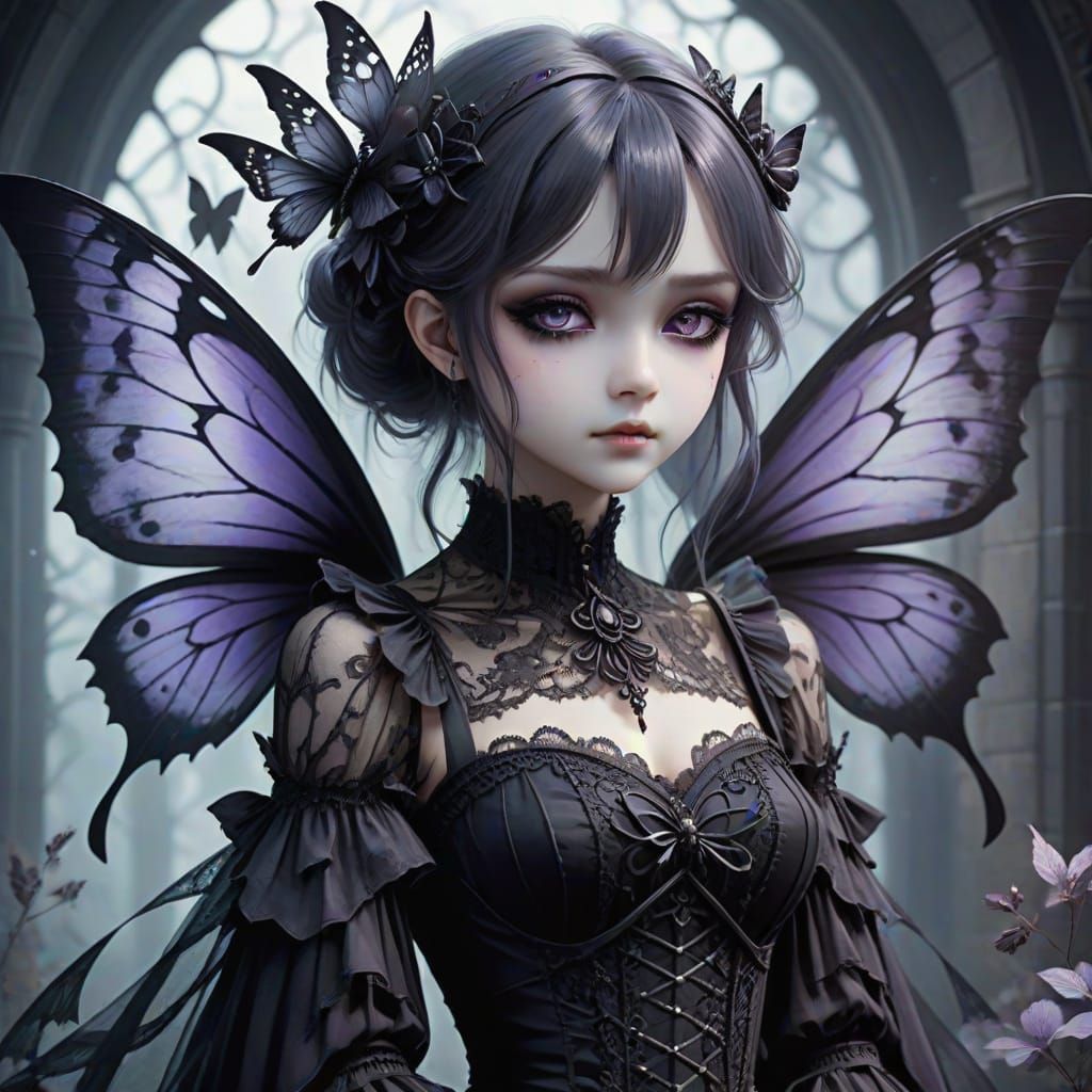 Gothic Anime Fairy with Shadowy Butterfly