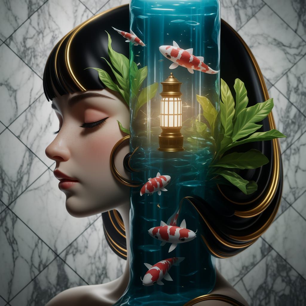 Double Exposure Portrait with Koi Pond Waterfall