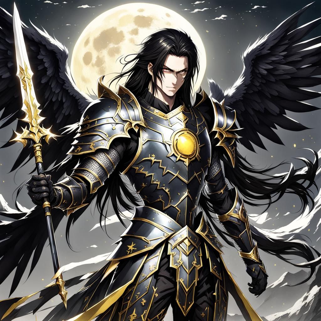 Anime Warrior with Black Wings and Holy Spear