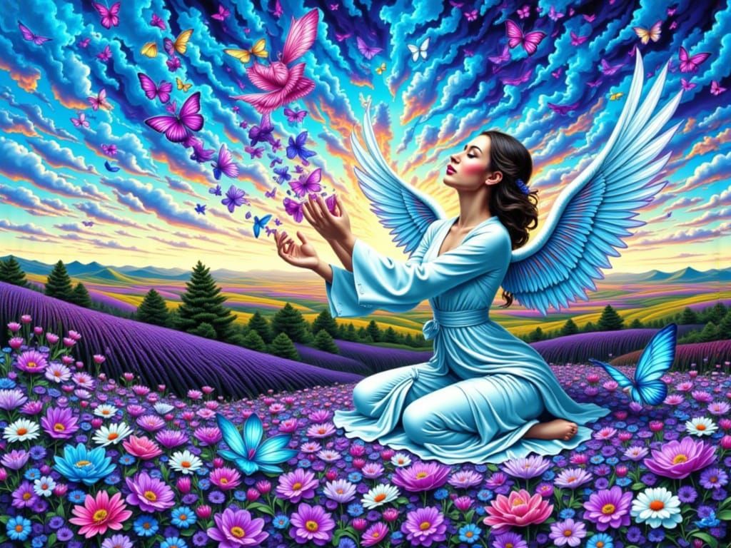 Meditating Woman Descends on Flower Petals at Sunrise