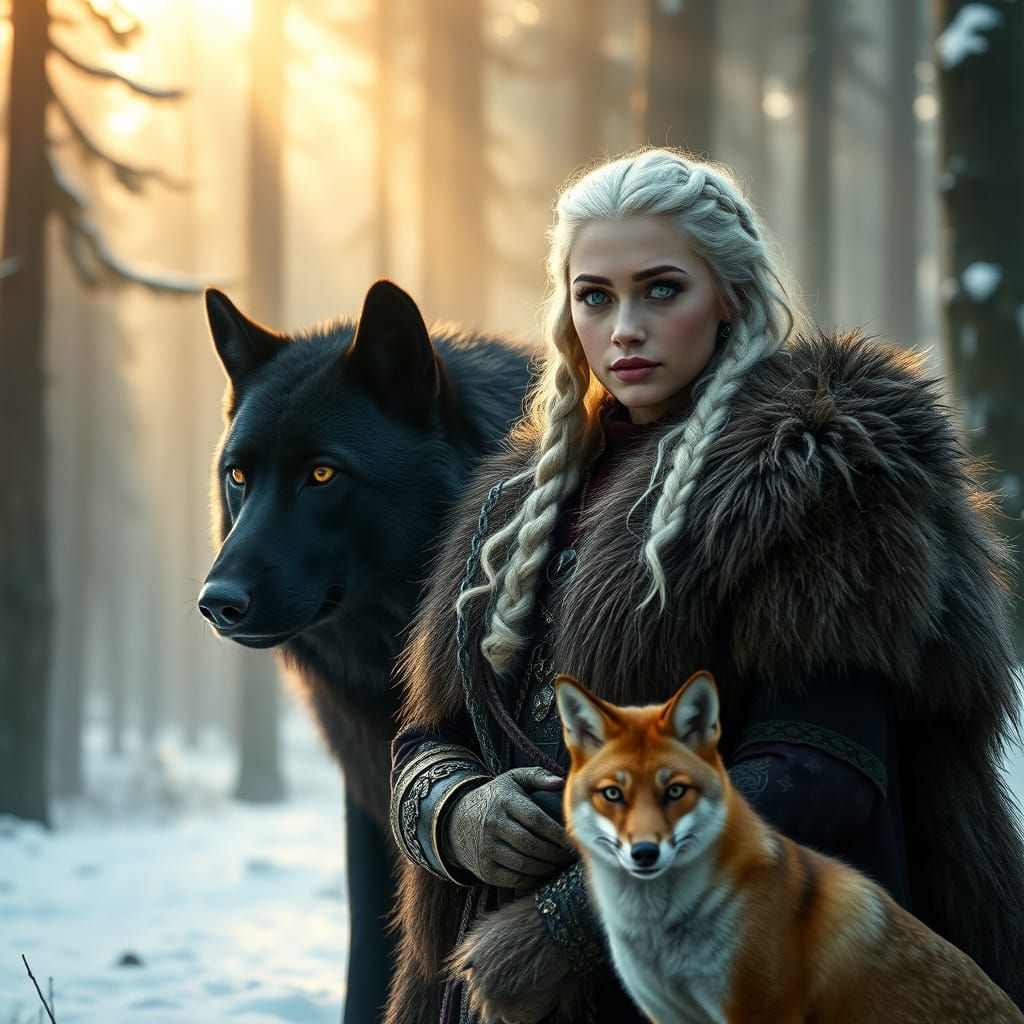 Ethereal Nordic Princess Surrounded by Majestic Forest Creat...