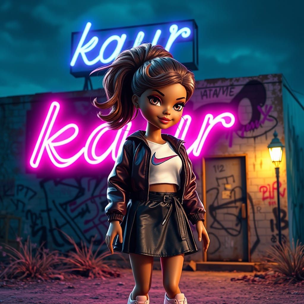 Brown Skinned Doll in Graffiti Cityscape with Neon Lights