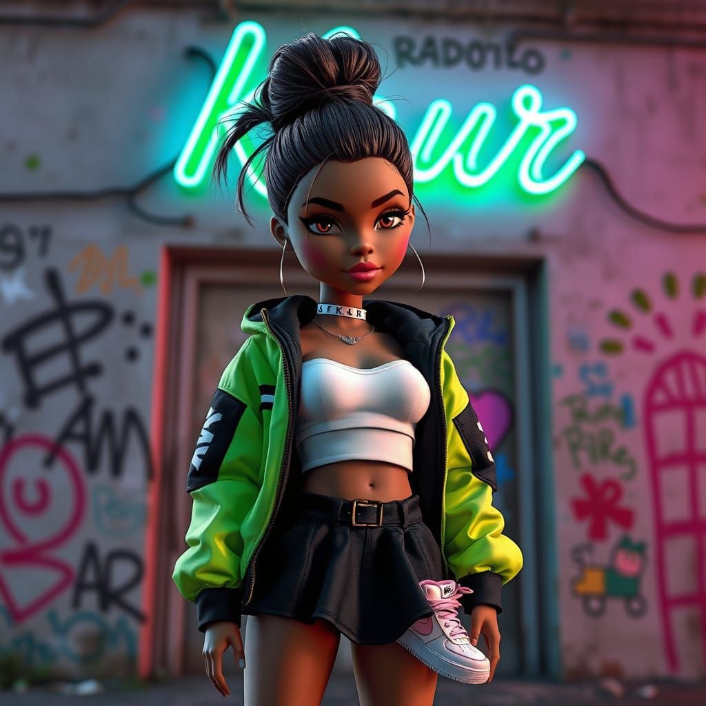 Brown-Skinned Bratz Doll in Neon Graffiti Scene