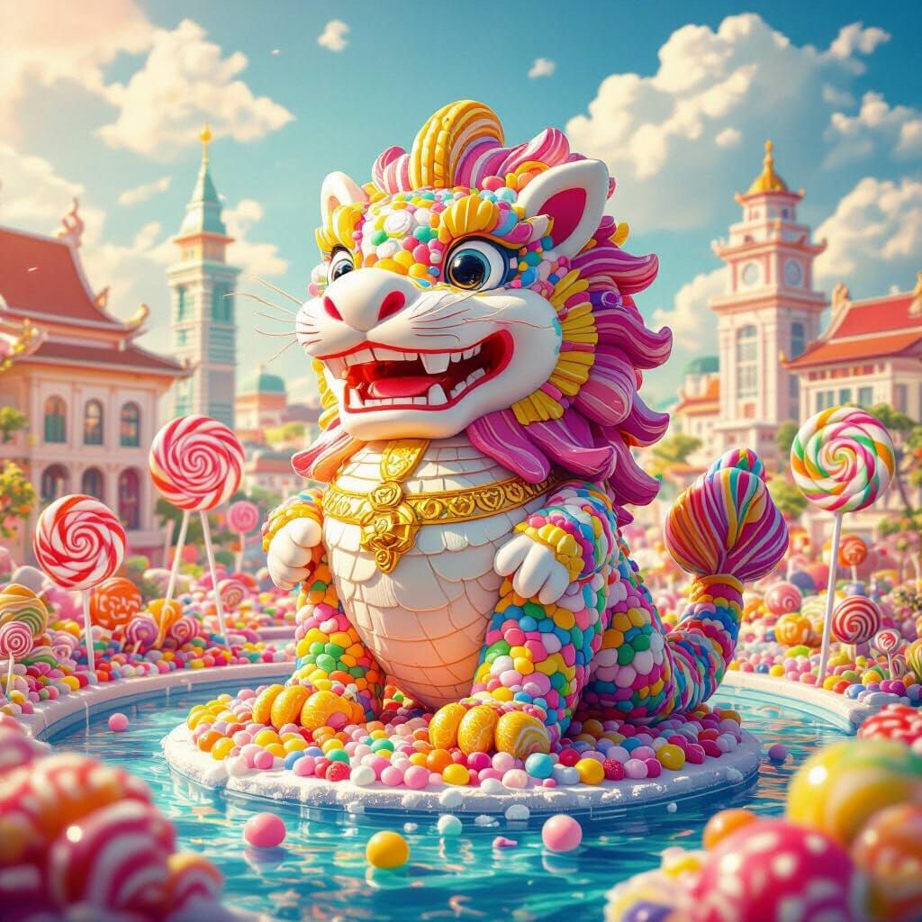 Candy Singapore Merlion in Hyperrealistic Digital Art
