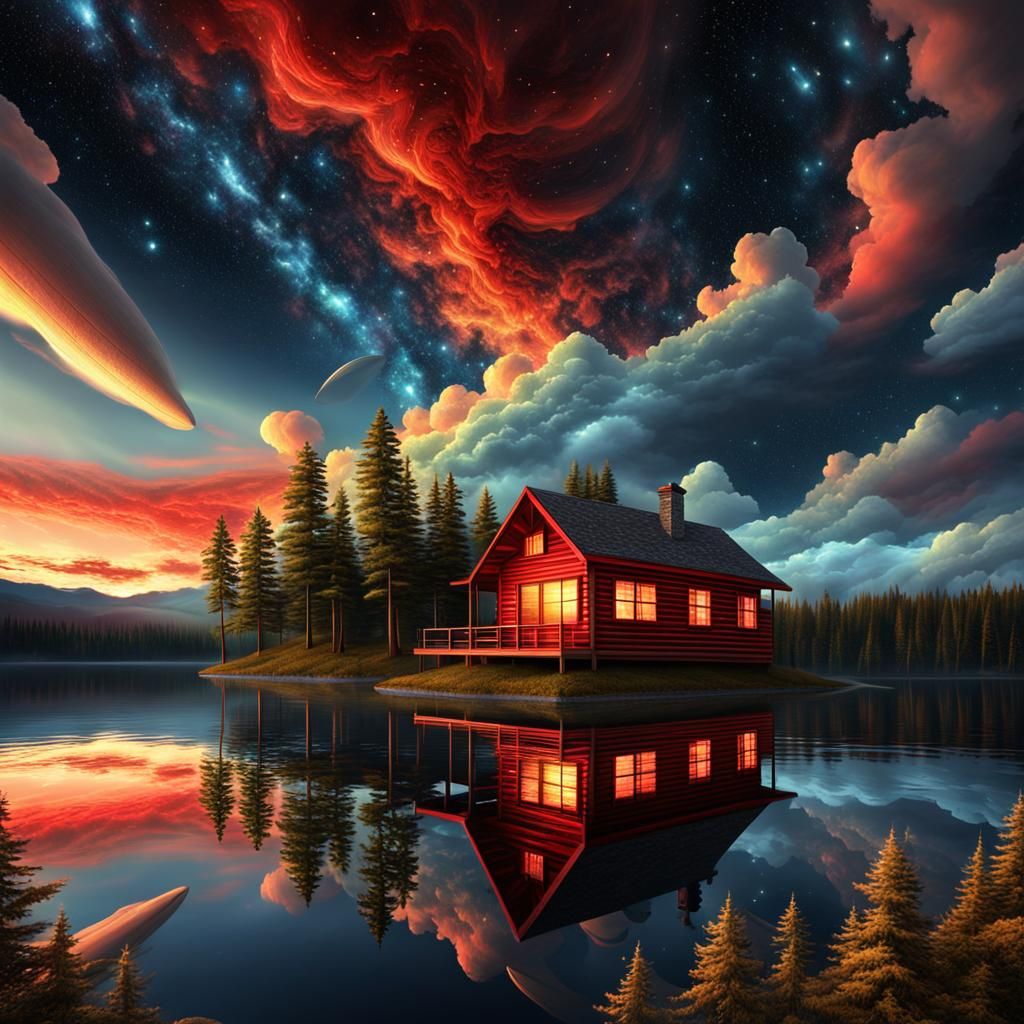 Idyllic Lakeside Cabin Under Fractal Sunset
