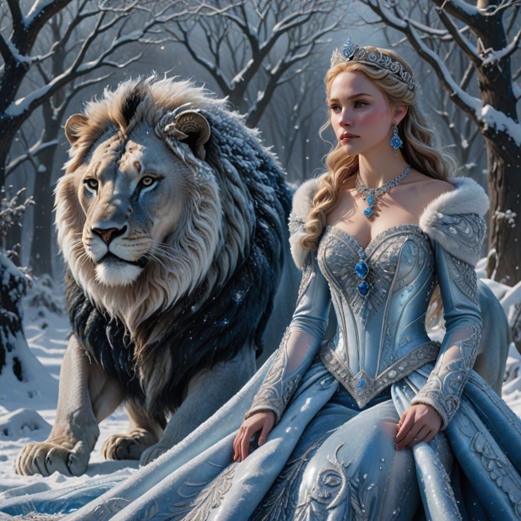 Regal Princess in Winter Wonderland with Majestic Blue Lion