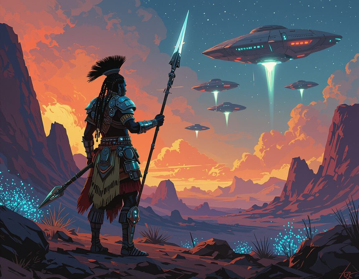 Futuristic Zulu Warrior on Alien Planet