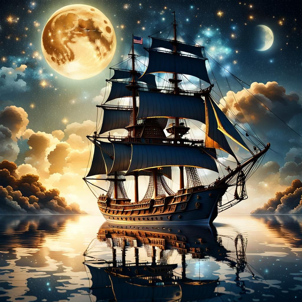 Mystic Sailing Ship on Mirrored Sea: Impressionistic Style