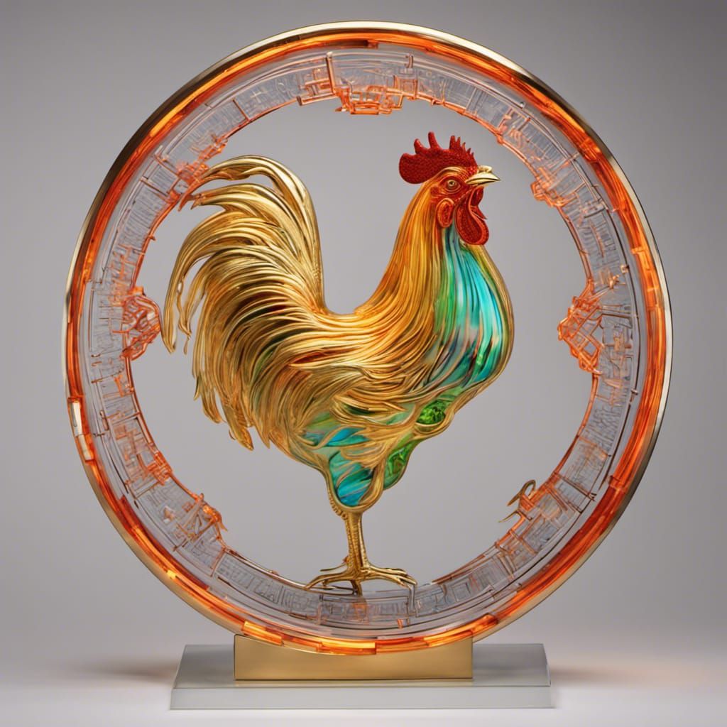 the Chinese Zodiac, the Rooster, neon color, gold trim, art glass sculpture, relief design,