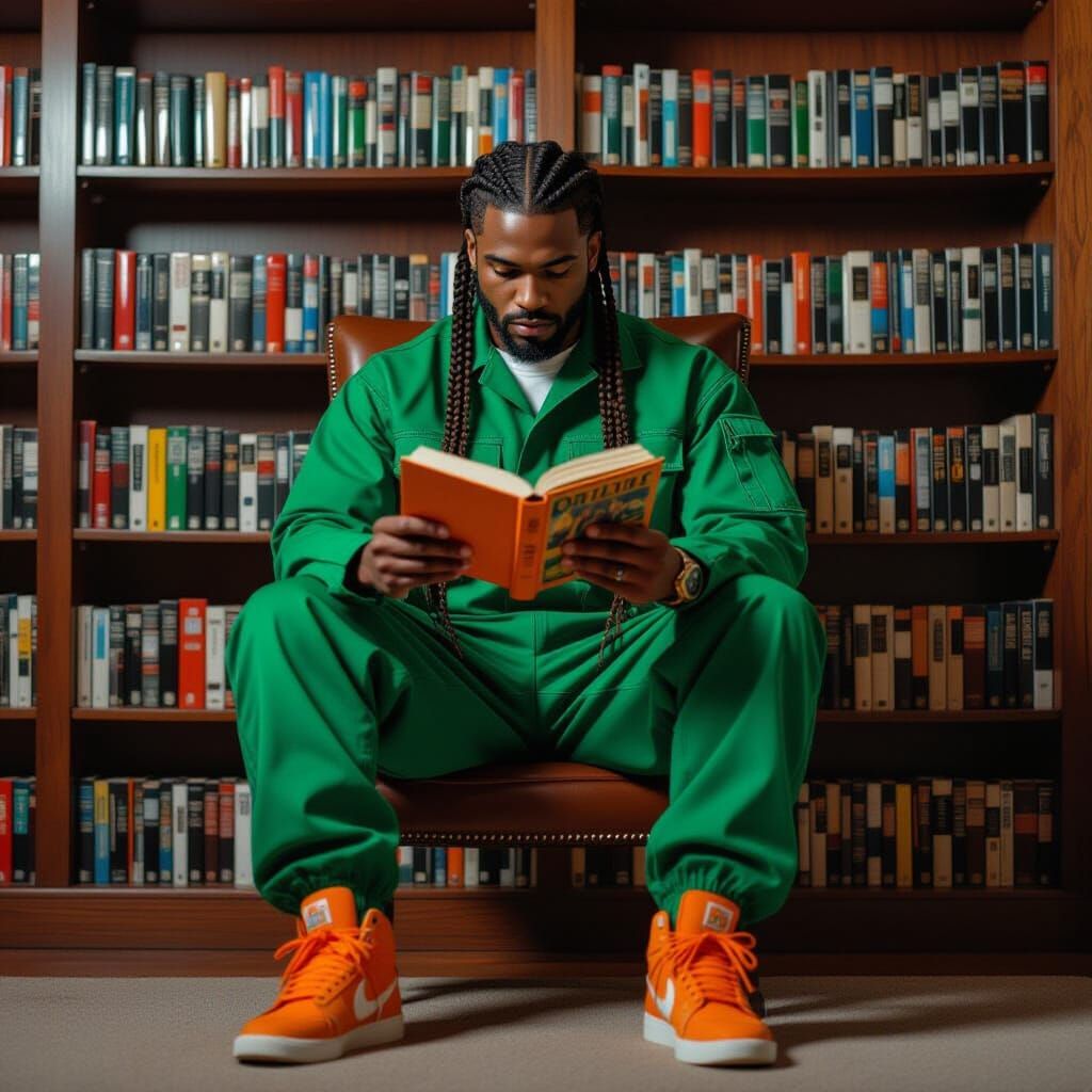 Man in Green Jumpsuit Reading Book, Cinematic Film Still