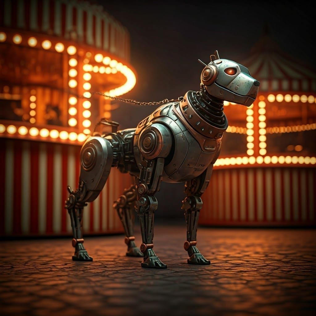 Retro-Futuristic Robot on Chain Leash Near Carnival Booth