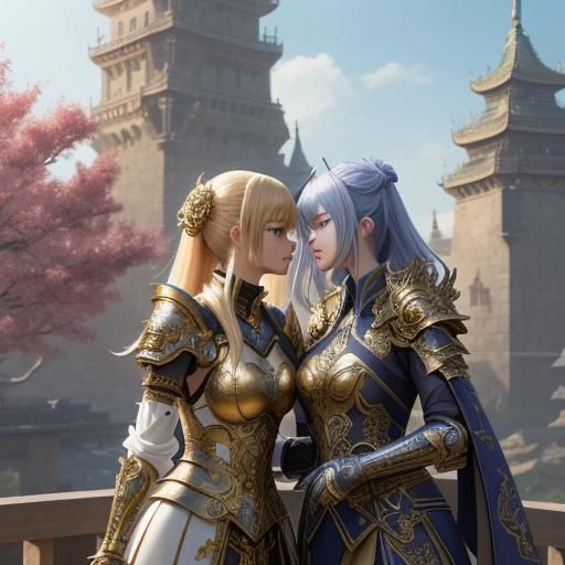Anime Girls Kissing on Tower in Ornate Armor