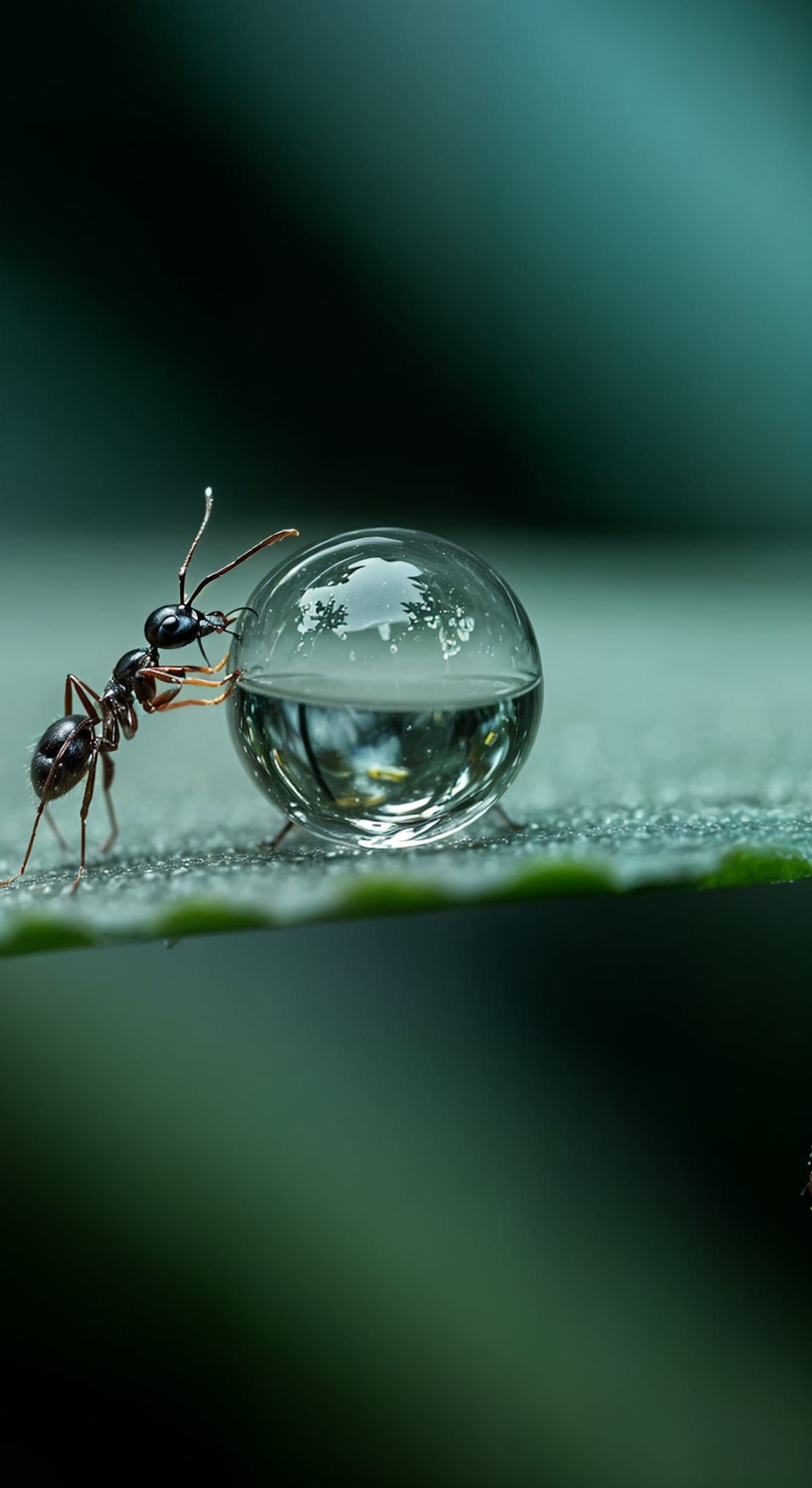 Ant Pushing Water Droplet in Macro Photograph