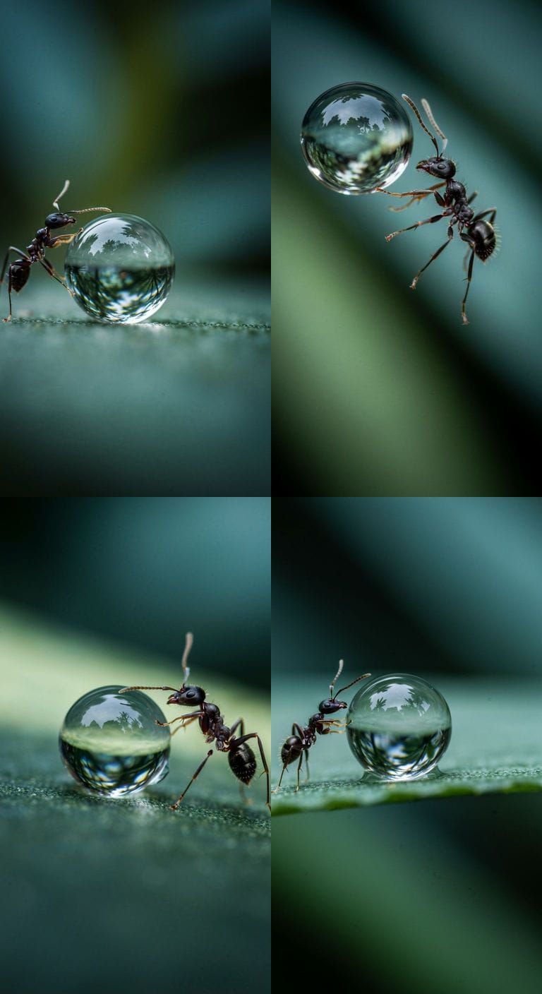 Ant Pushing Water Droplet in Macro Photograph