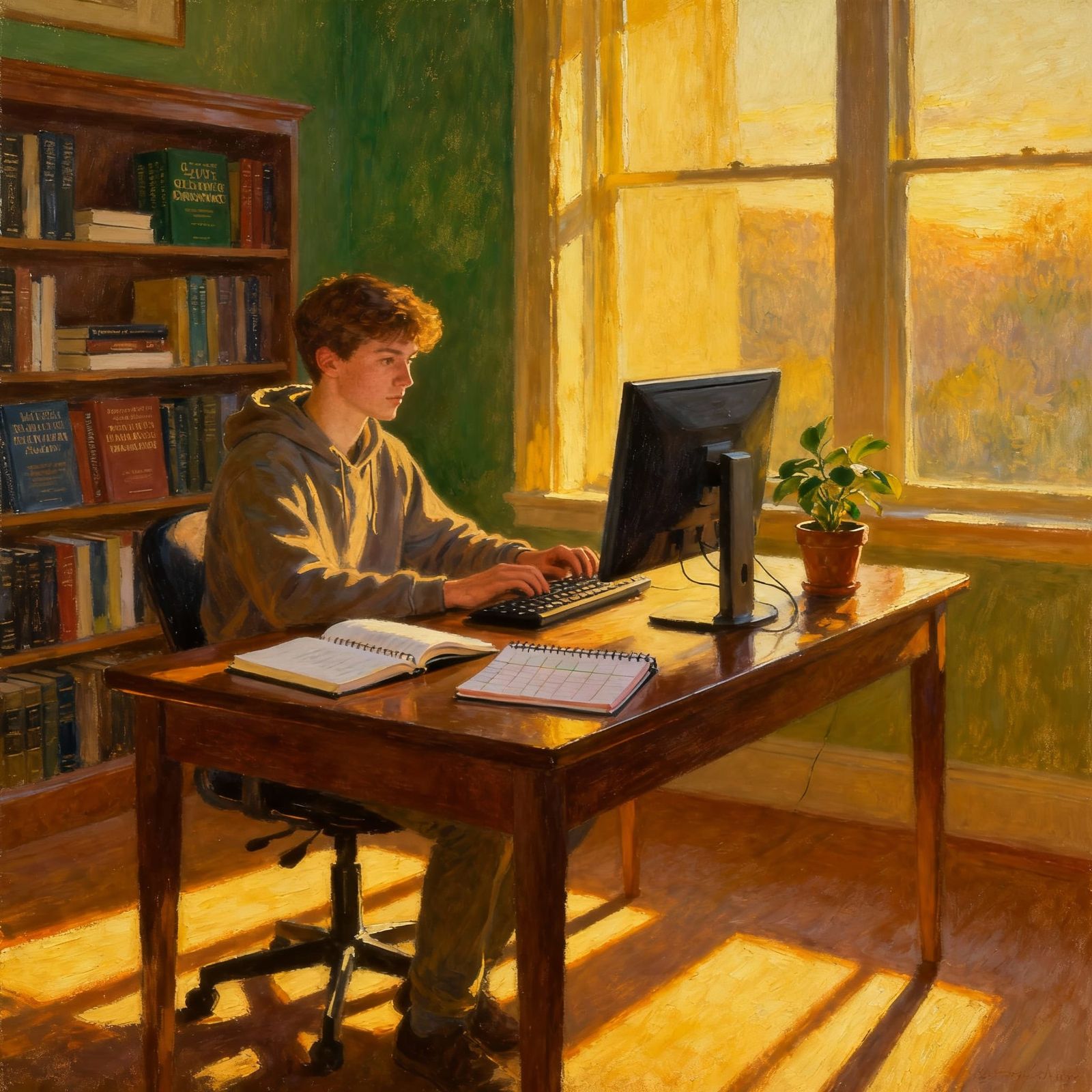 Young Man Focused at Desk in Golden Hour Light