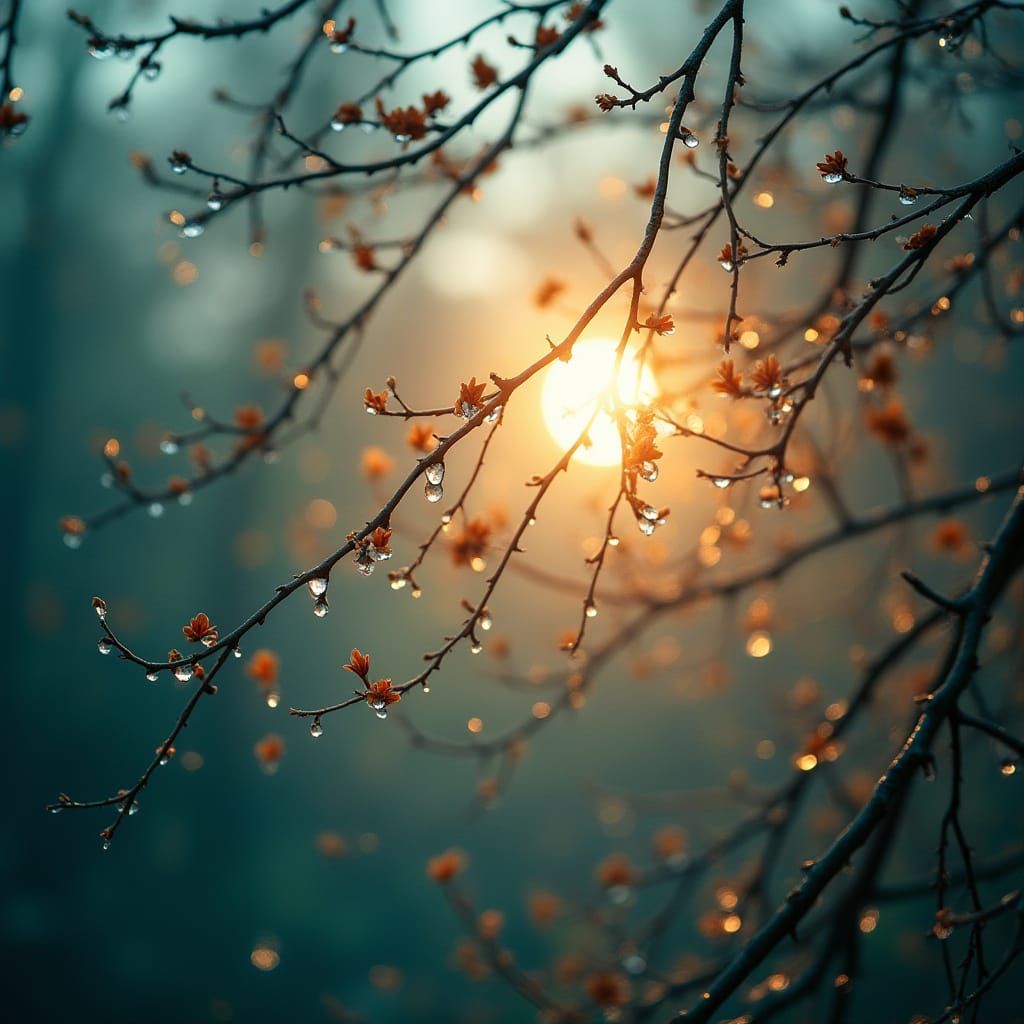 Warm Light Through Water Droplet Branches in Bokeh