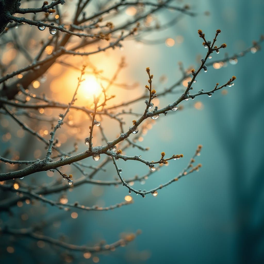 Warm Light Through Branches with Water Droplets